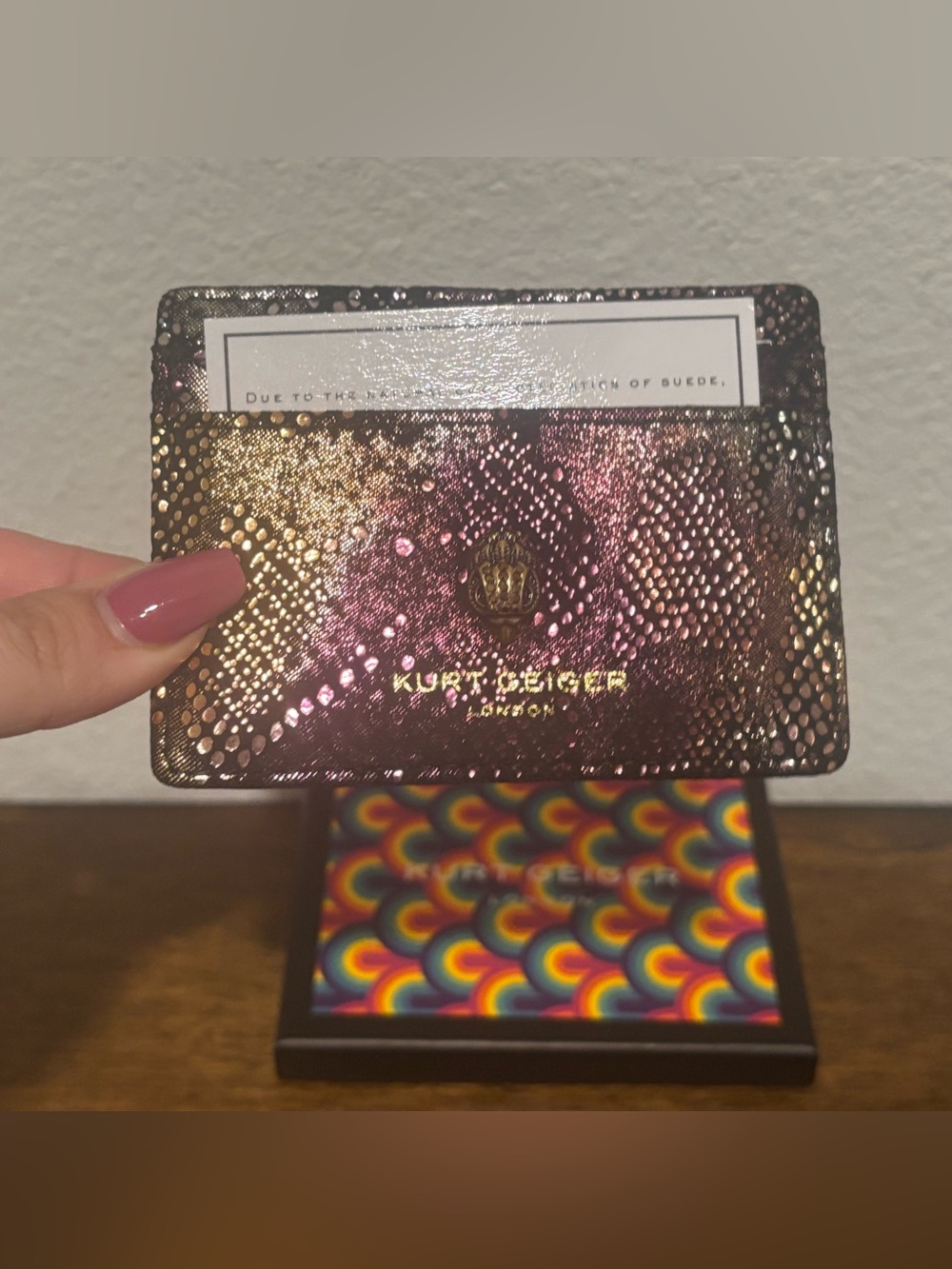 Kurt Geiger Iridescent Snake-Embossed Card Holder in Pink and Gold